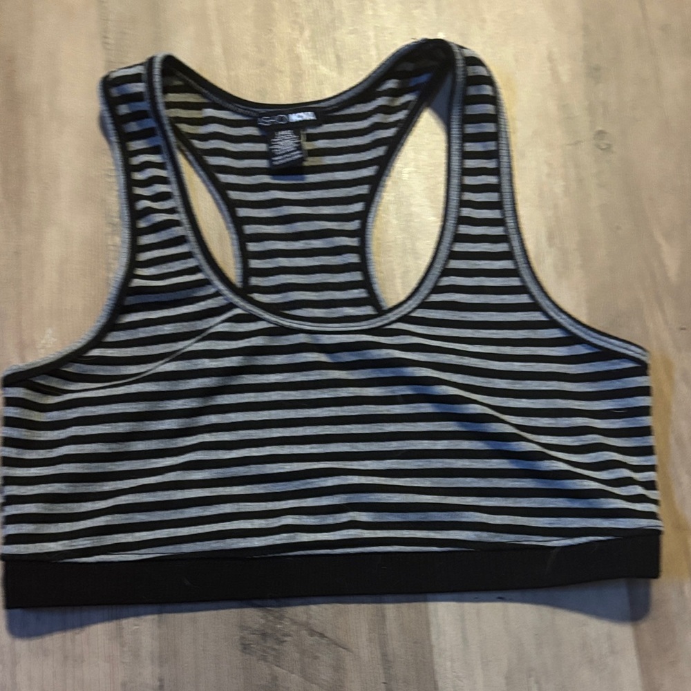 Fashion Nova Black and Gray Striped Sports Bra
